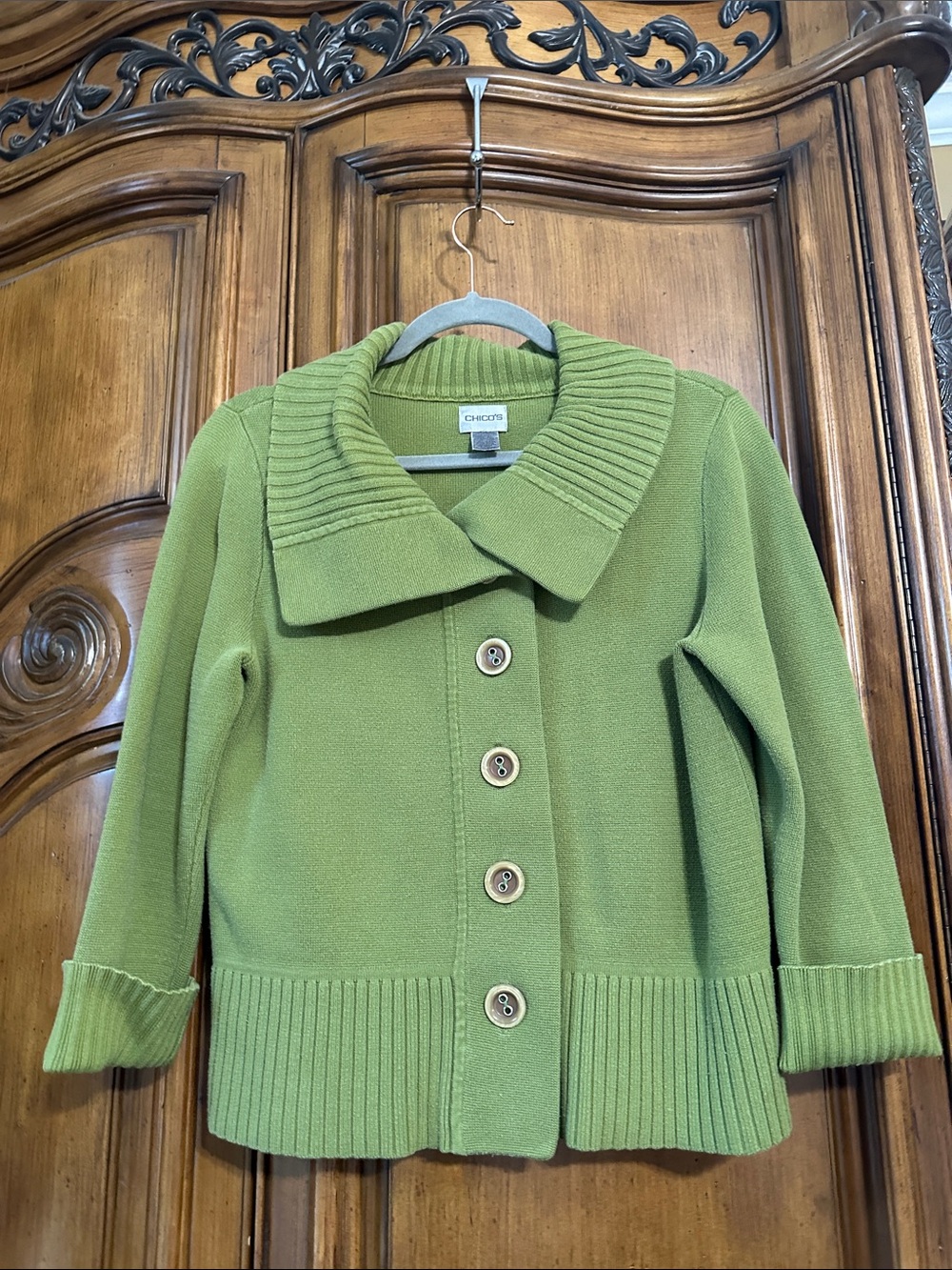 Chico's Vintage Y2K Olive Green Ribbed-Collar Button Front Pea Sweater Coat